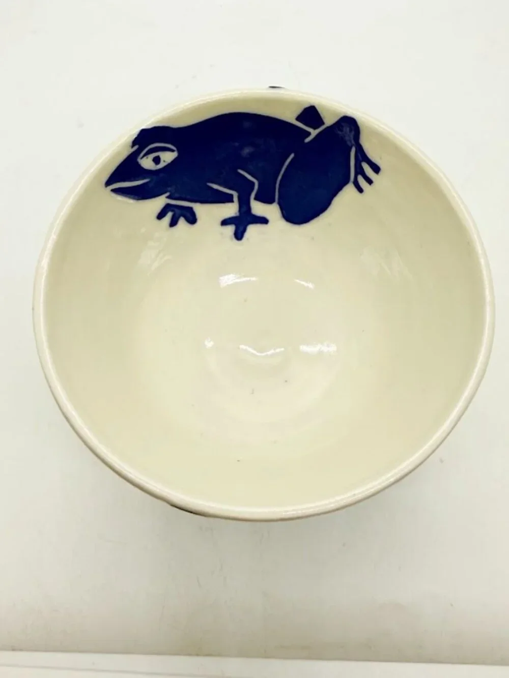 Karis Swink Barry Art Pottery Signed Blue Frog Soup Cereal Bowl Sgraffito Style